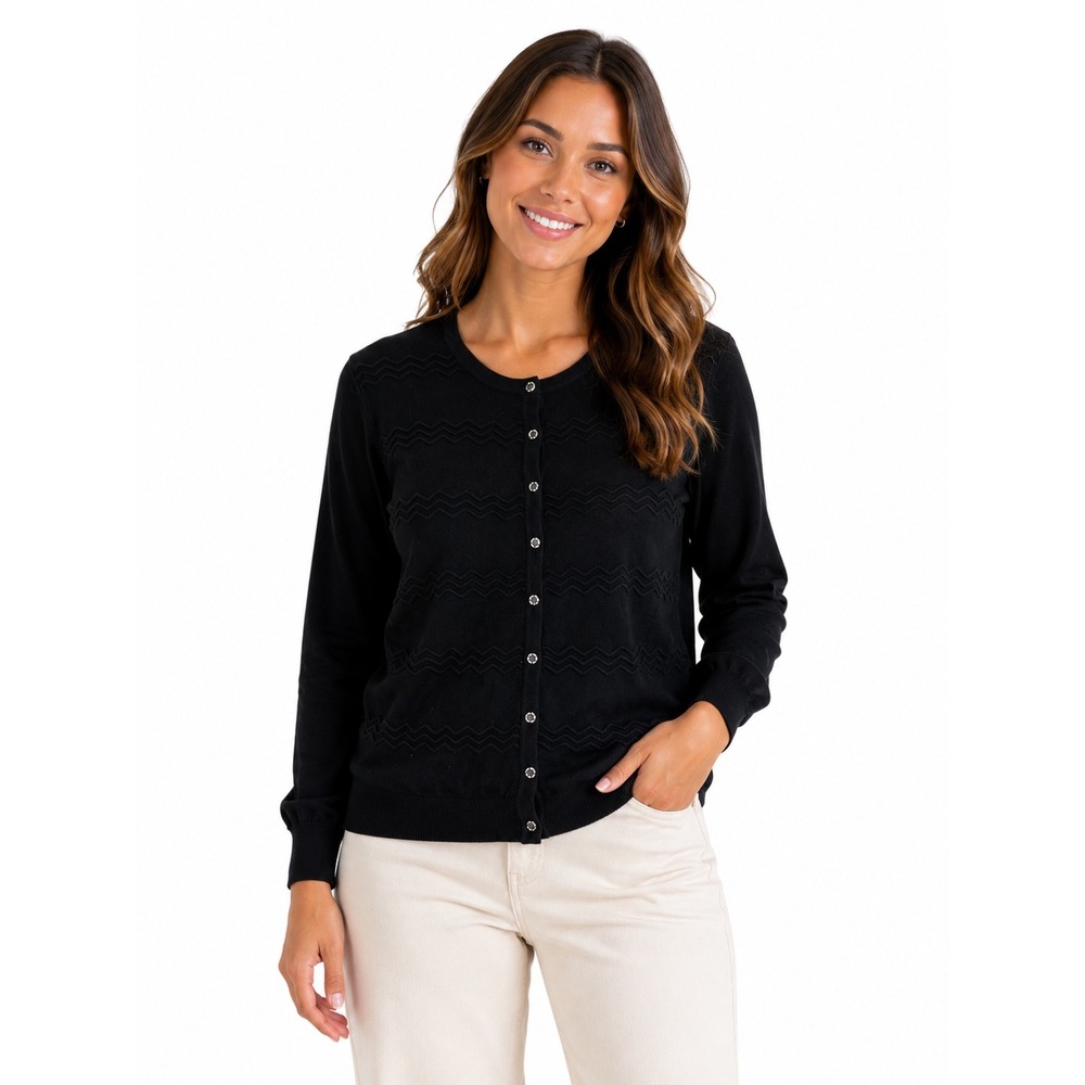 Melrose Chic New York Black Chevron Textured Button Front Cardigan Sweater L